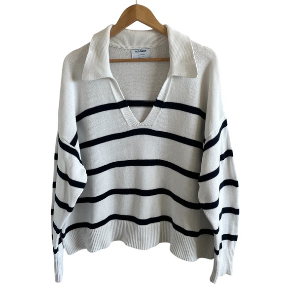 Old Navy Polo Sweater Striped Long Sleeve Cotton White & Blue XXL - Picture 2 of 8